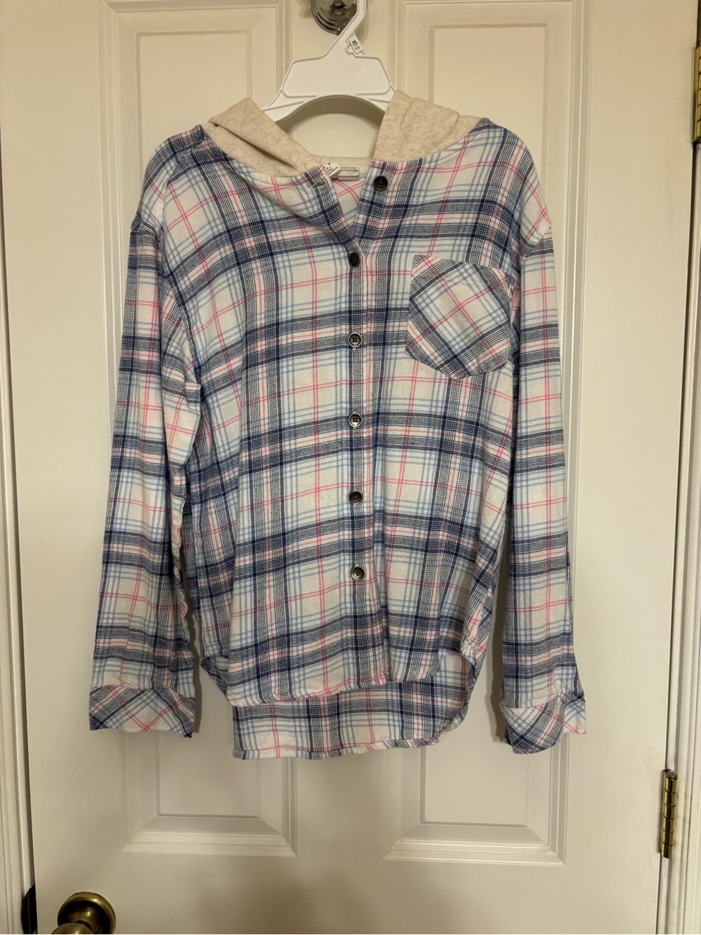 Roxy Plaid Hooded Button-Up in Blue, White & Pink